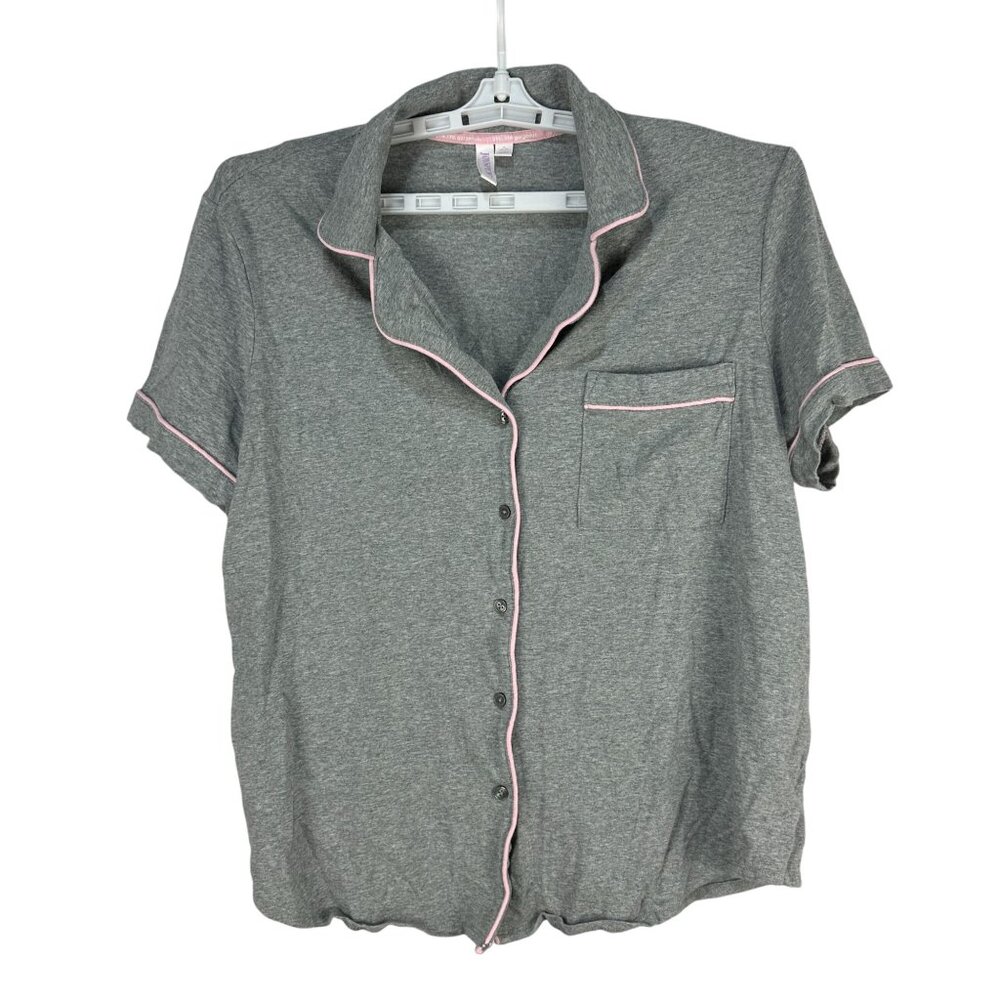 Joyspun Womens Gray Button Front Pajama Shirt XL Pink Trim Short Sleeve